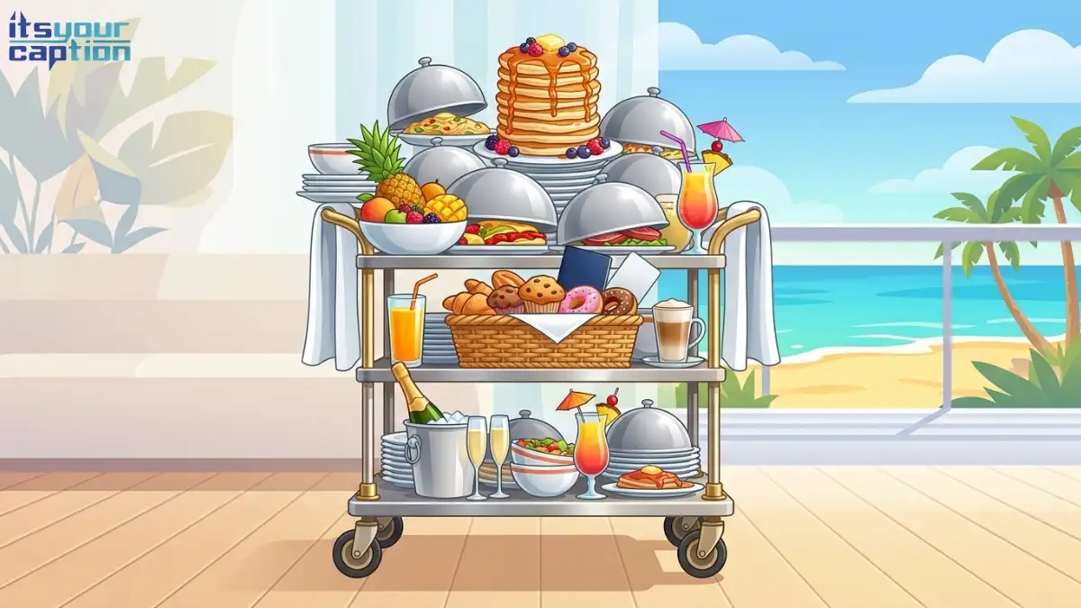An overflowing room service cart stacked comically high with breakfast foods and a hidden passport.