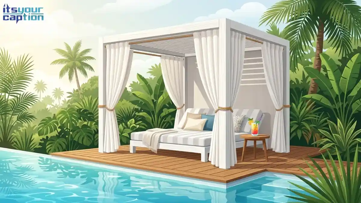 A pristine white poolside cabana with billowing curtains and a tropical beverage on a small table.