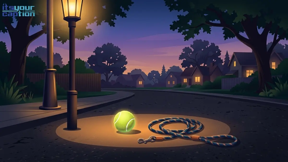 ** A neighborhood streetlamp illuminating a dog leash and a dropped tennis ball at dusk.