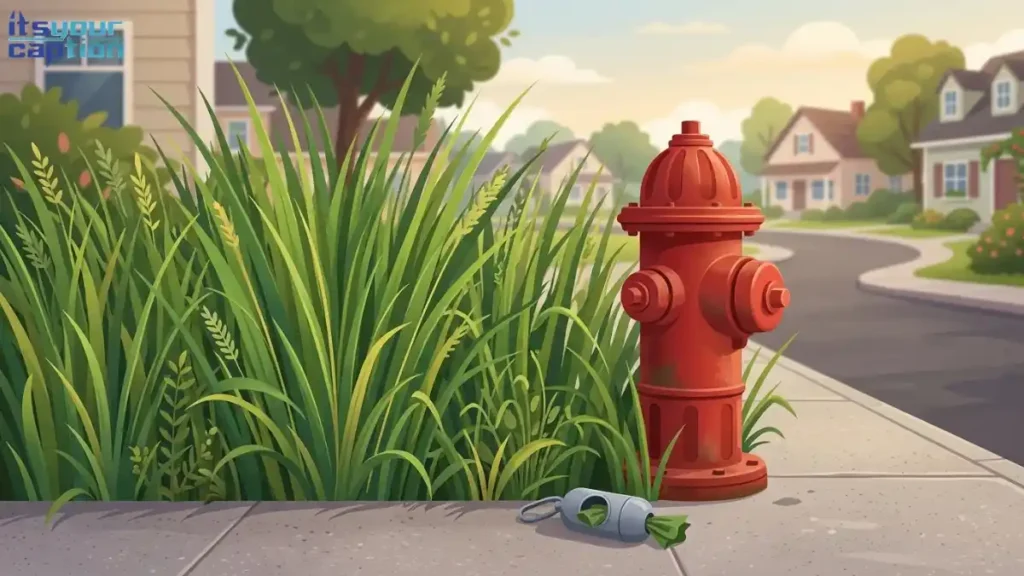 A red fire hydrant and a patch of tall grass on a neighborhood street.