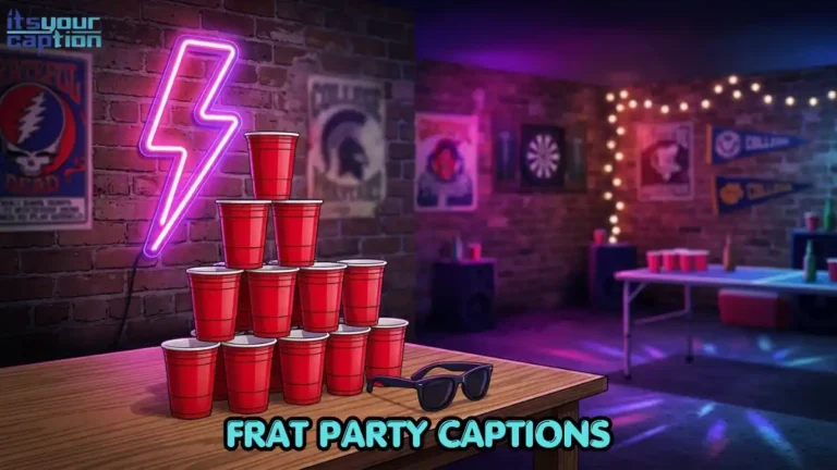 A wooden table holding red solo cups and sunglasses illuminated by neon party lights.