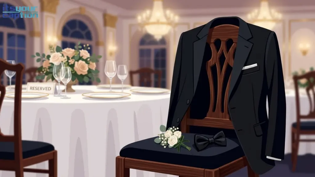 A formal black suit jacket and a floral corsage resting on a wooden chair.