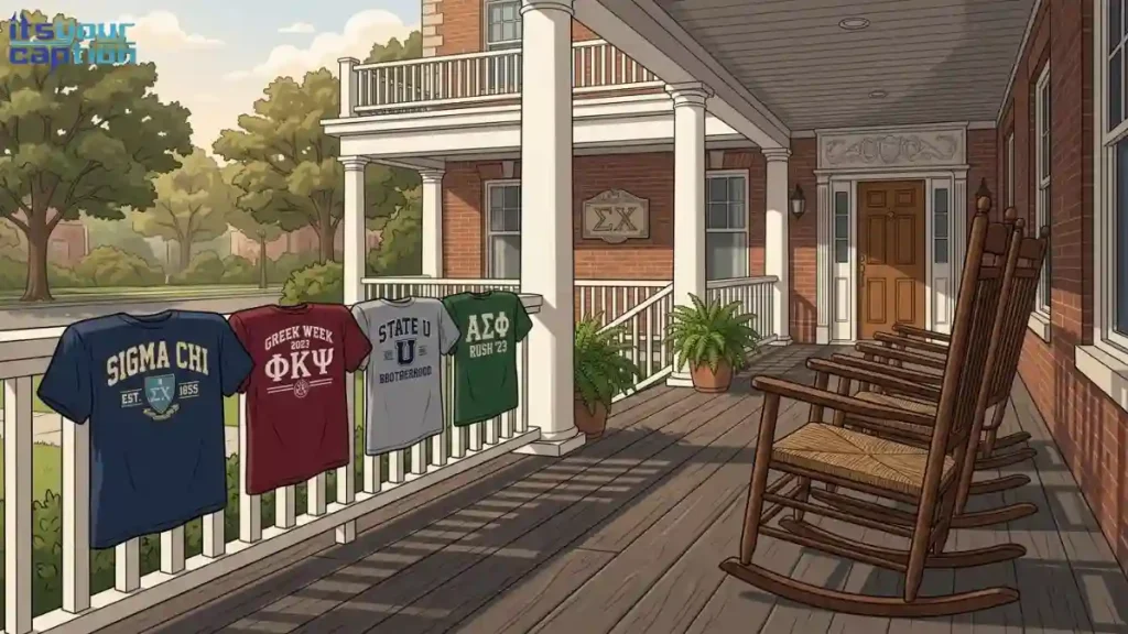 A classic frat house front porch with matching greek letter shirts draped over the railing.