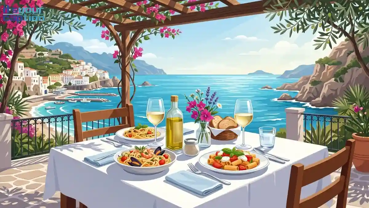 Al fresco dining table set with shared plates, olive oil, and wine glasses overlooking the coast.