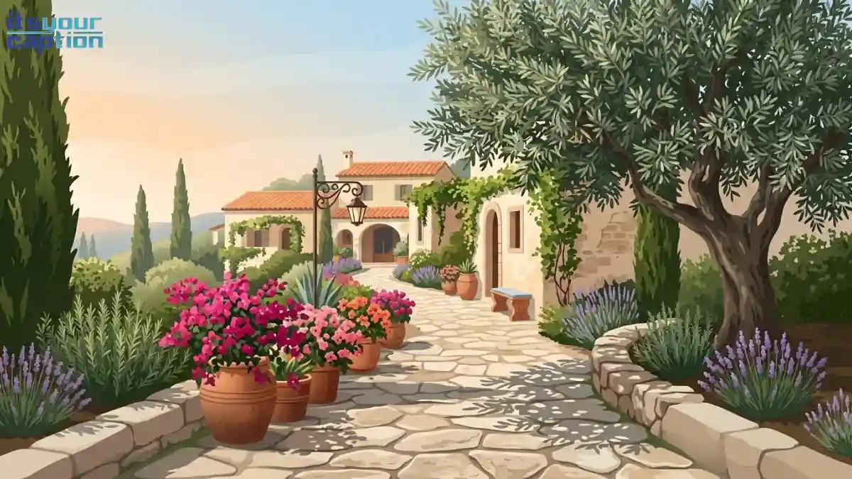 Manicured Mediterranean villa garden path lined with terracotta pots and blooming vines.