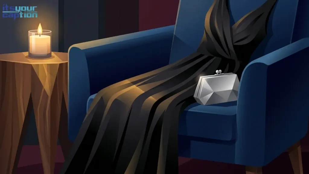 Vector illustration of a black silk evening dress and a silver clutch resting on a dark velvet armchair.