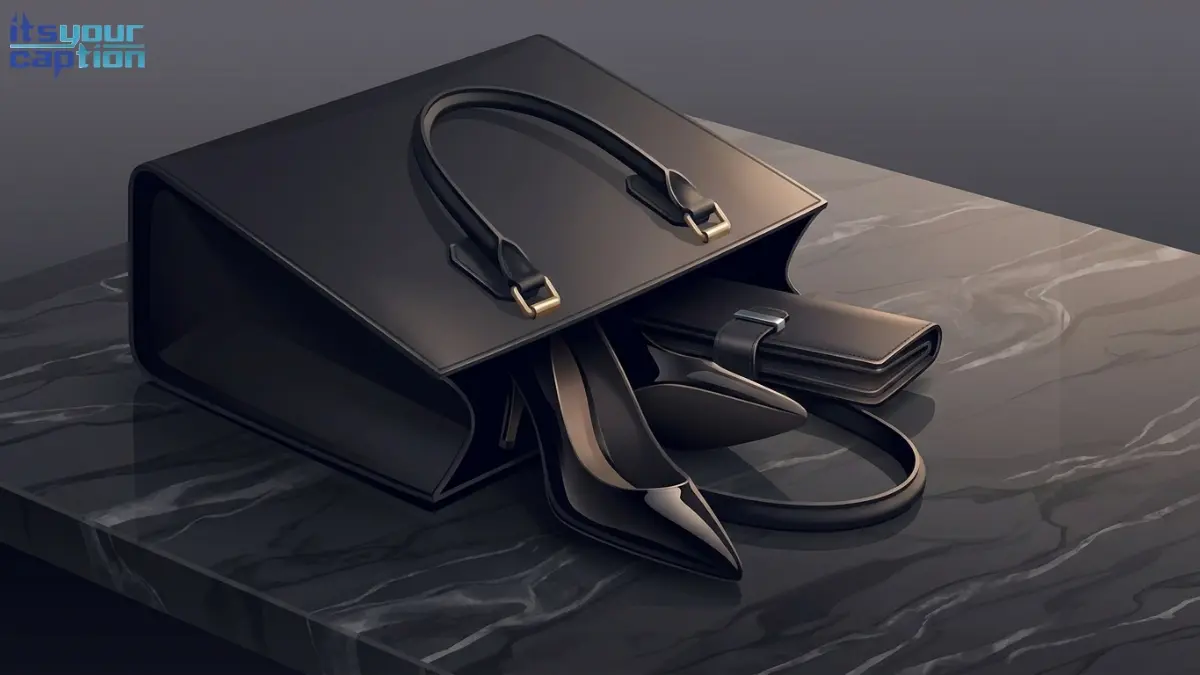Vector illustration of an open black tote bag revealing a sharp stiletto on a dark marble desk.