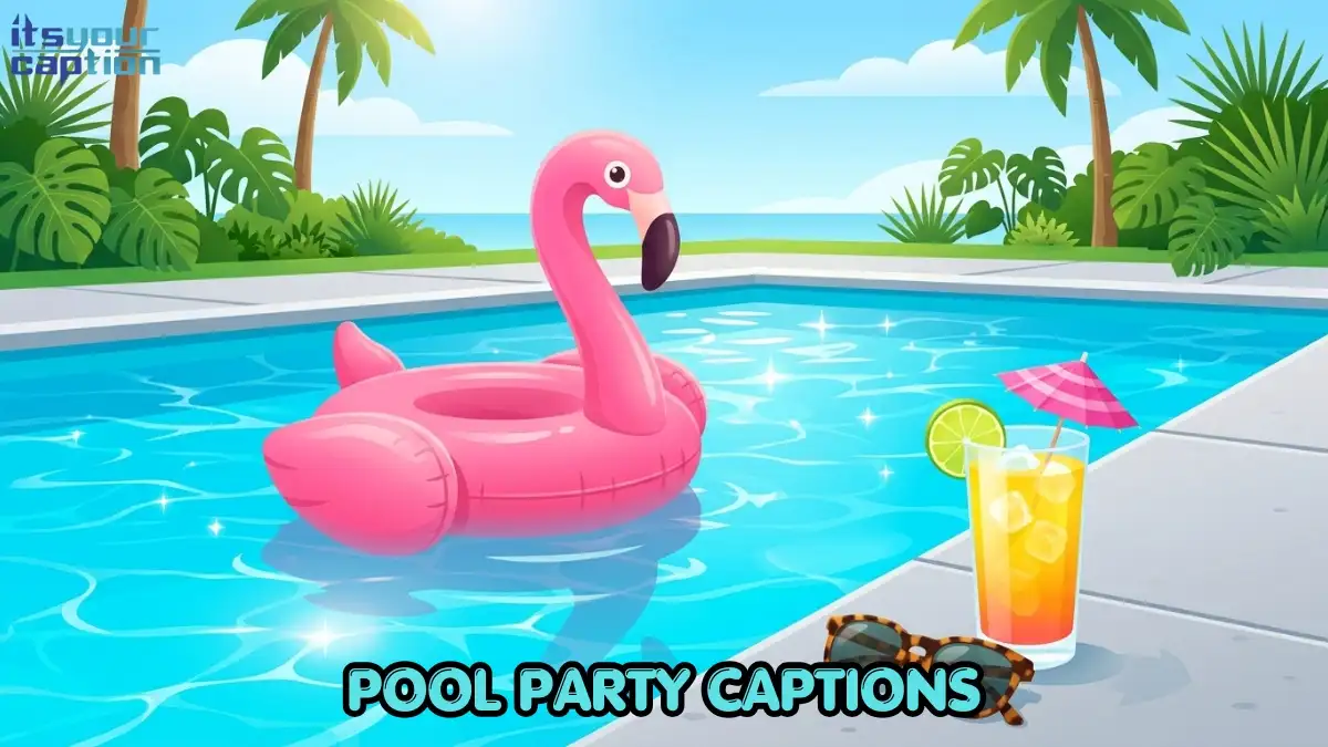 A sparkling blue swimming pool with a giant pink flamingo float and a refreshing tropical drink resting on the edge.