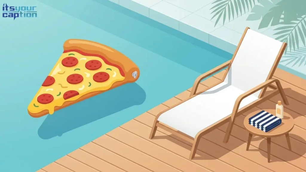 A giant inflatable pizza slice float drifting lazily near a poolside patio chair.