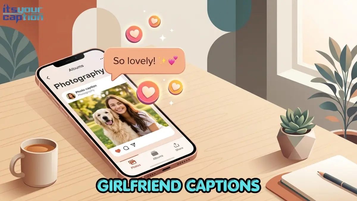 A stylized smartphone resting on a minimalist desk surrounded by floating heart icons and a speech bubble.