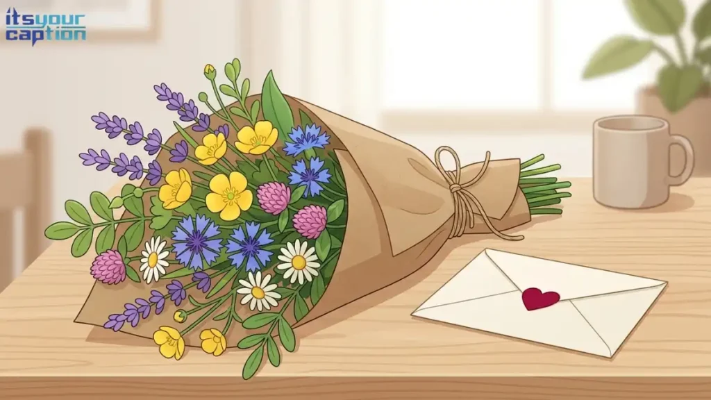 A bouquet of fresh wildflowers wrapped in brown paper next to a sealed envelope.