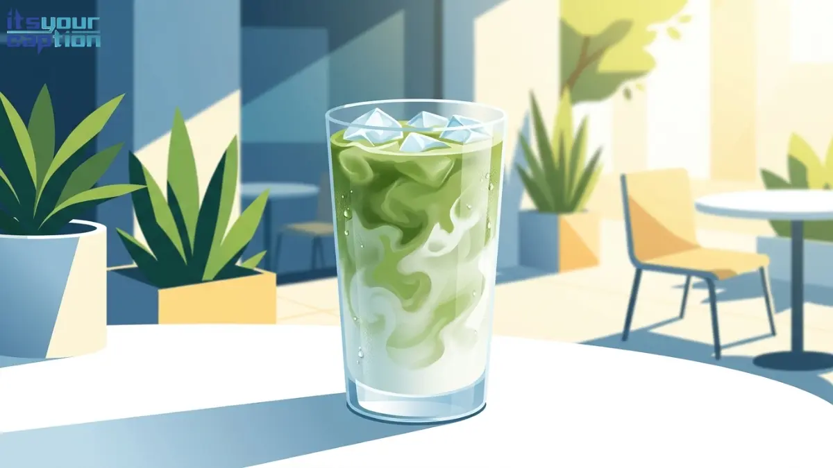A tall glass of iced matcha latte with milk swirling in the sun