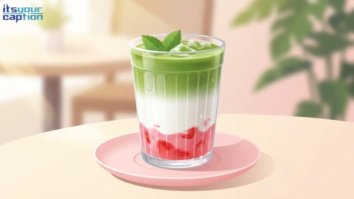 A layered iced drink with pink strawberry puree and green matcha