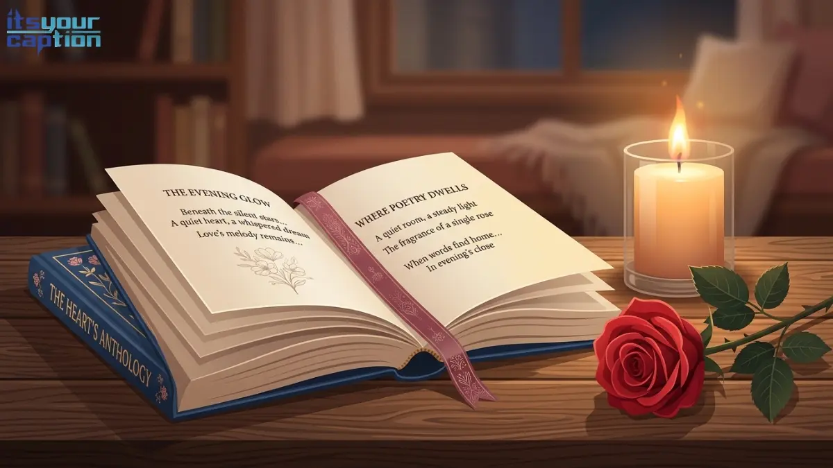 An open poetry book with a ribbon bookmark sitting next to a glowing candle.