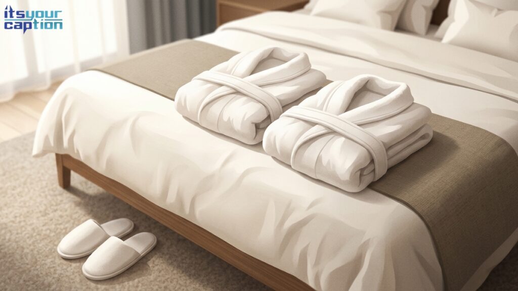 Two fluffy white hotel robes laid out on a perfectly made hotel bed.