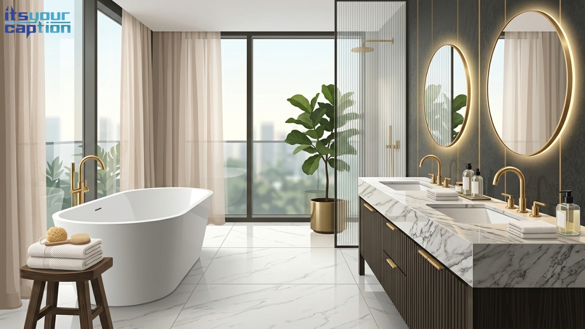 A luxurious hotel bathroom with marble counters and gold fixtures.