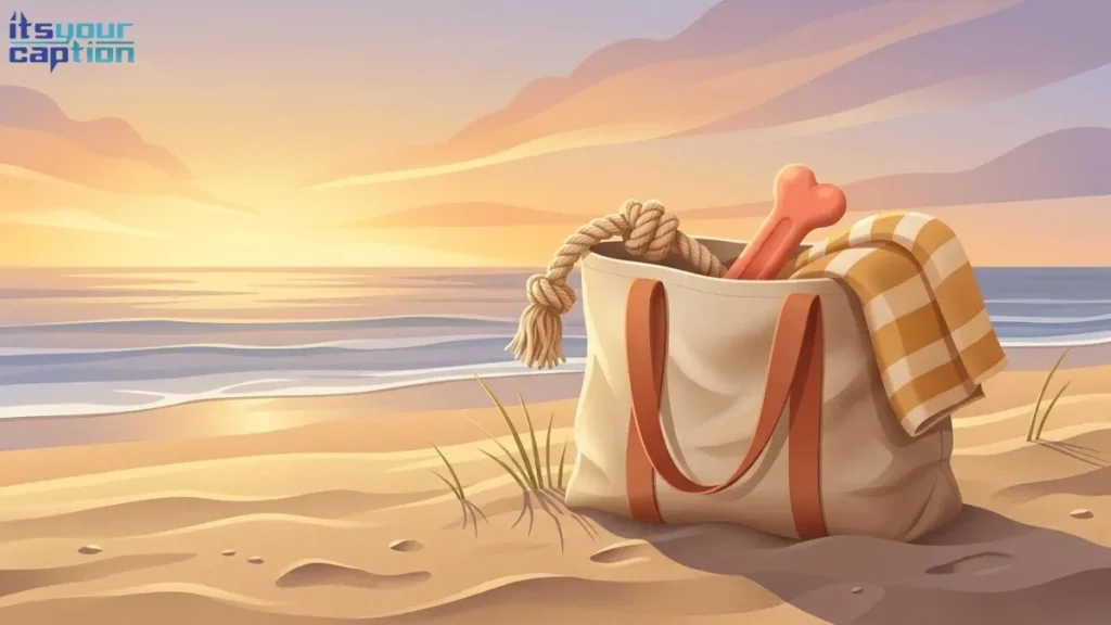 A peaceful vector illustration of a beach tote bag overflowing with dog toys at sunset.