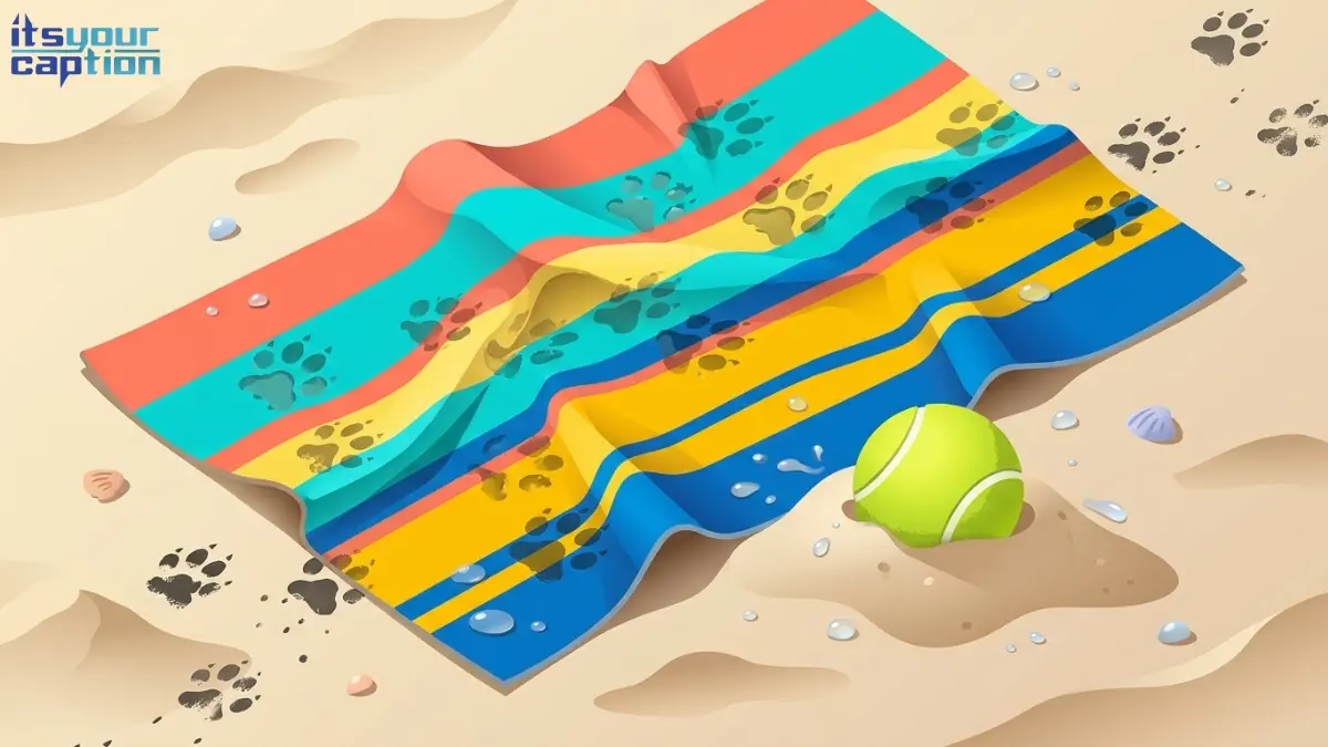 A modern illustration of a striped beach towel covered in messy, wet paw prints.
