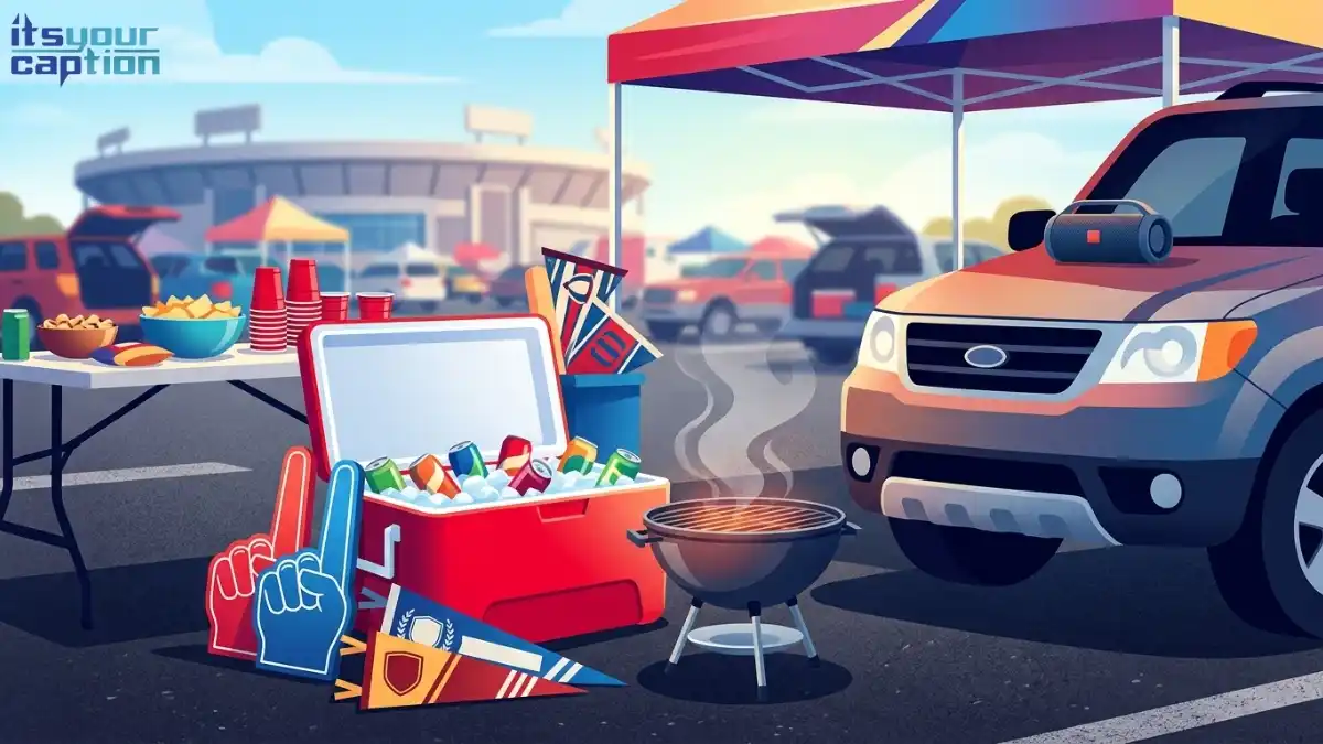 A tailgate setup with a cooler, foam fingers, and a portable grill in a parking lot.