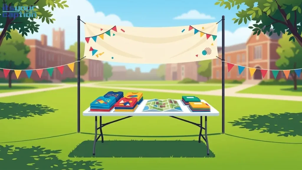 A welcome week scene showing a folding table with campus maps, free t-shirts, and orientation folders.