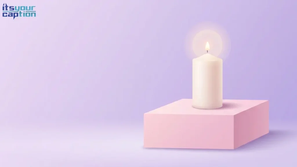 A single glowing candle resting on a smooth, minimalist pastel pink surface.
