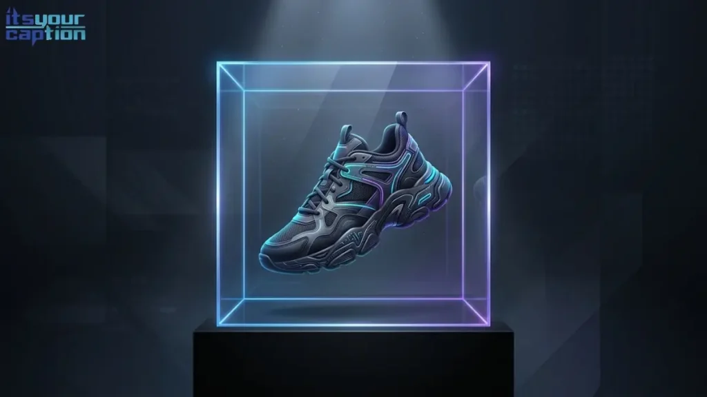 A single highly detailed sneaker illuminated inside a floating clear acrylic display case.