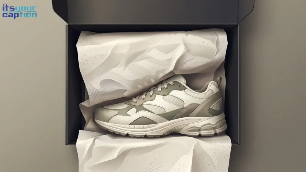 Crisp tissue paper pulled back from a brand-new sneaker inside a premium shoe box.