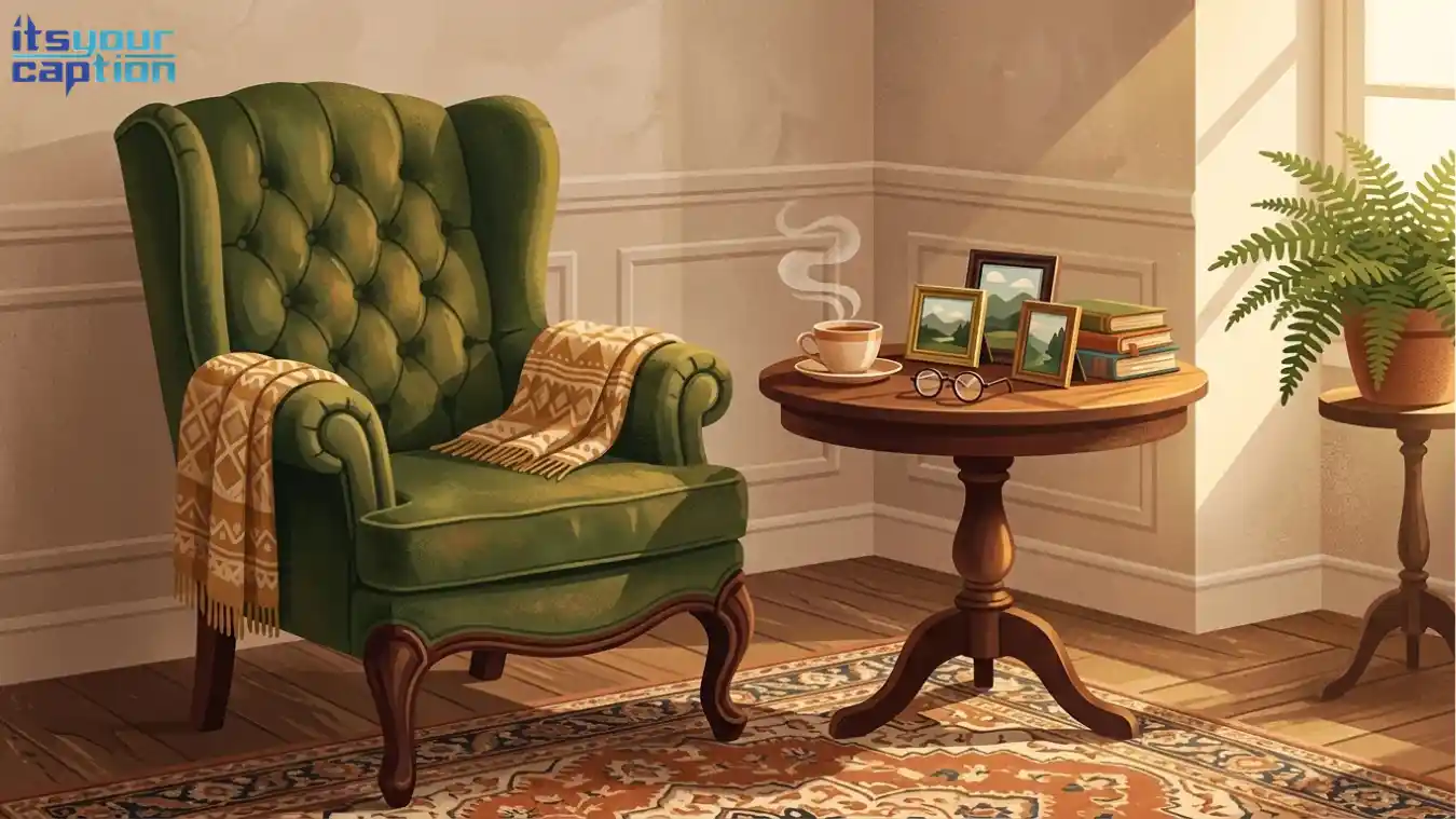 An antique armchair next to a side table holding a hot cup of tea and framed landscape photos.