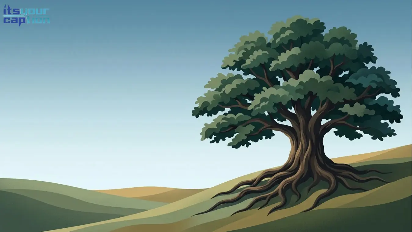 A minimalist scene of a single large oak tree with deep roots on a grassy hill.