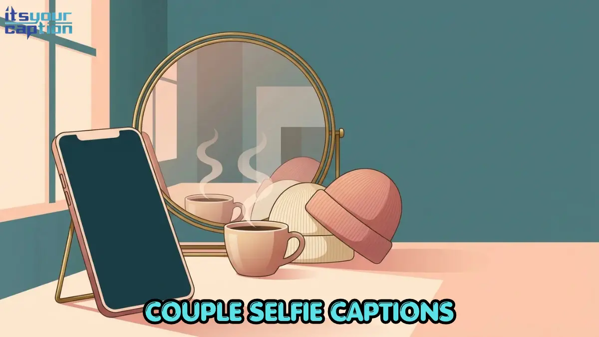 Illustration for couple selfie captions: a phone propped beside two coffee cups, a round mirror, and matching knit beanies.