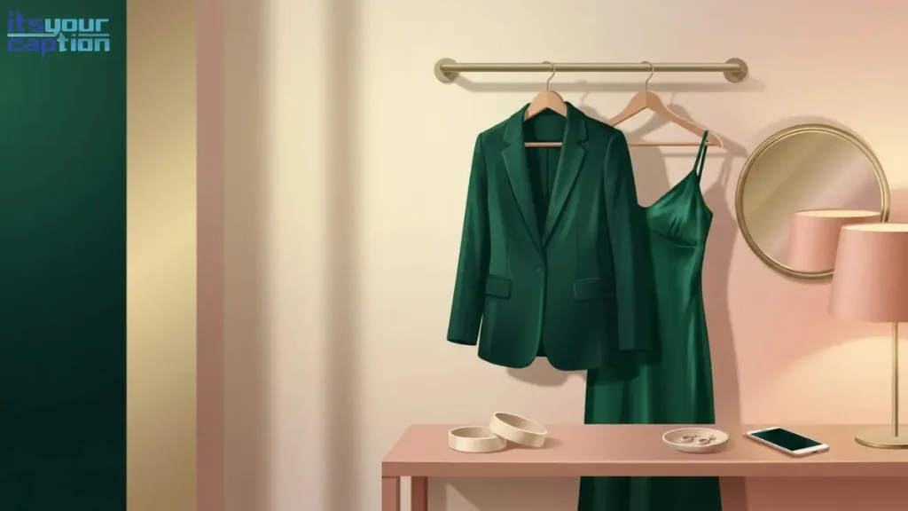 Couple selfie captions for matching outfits: an emerald blazer and satin dress on a hanger rail beside two wristbands and a small mirror.
