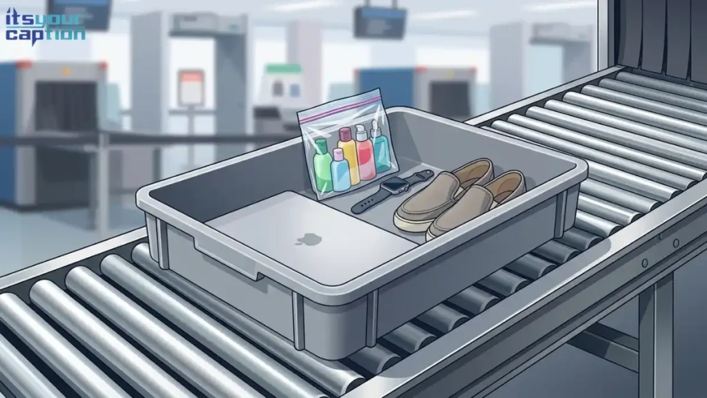 A gray airport security bin containing a laptop, clear toiletries bag, and slip-on shoes on a conveyor belt.