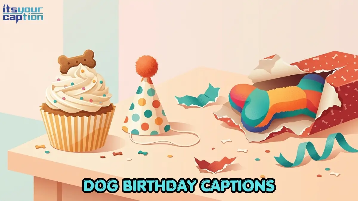 A festive arrangement of dog birthday party supplies including a pupcake, wrapping paper, and a tiny party hat.