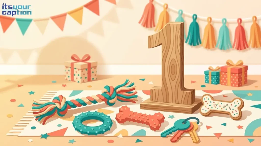 A wooden number one sign surrounded by puppy teething toys and a dog biscuit.