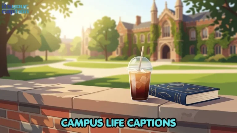 An iced coffee and a closed textbook resting on a brick wall overlooking a sunny university campus.