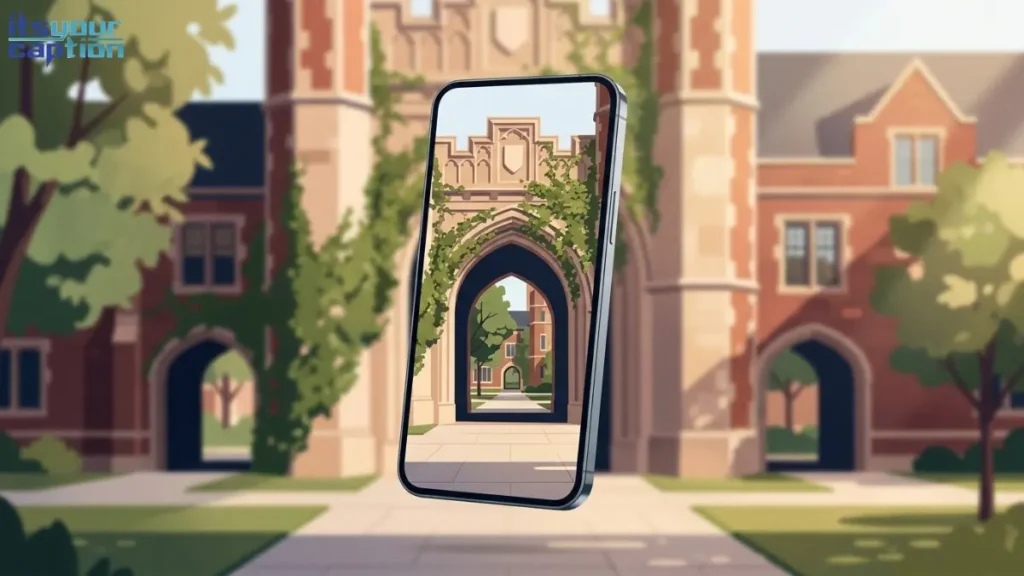 A close-up view of a smartphone taking a photo of a grand university archway.