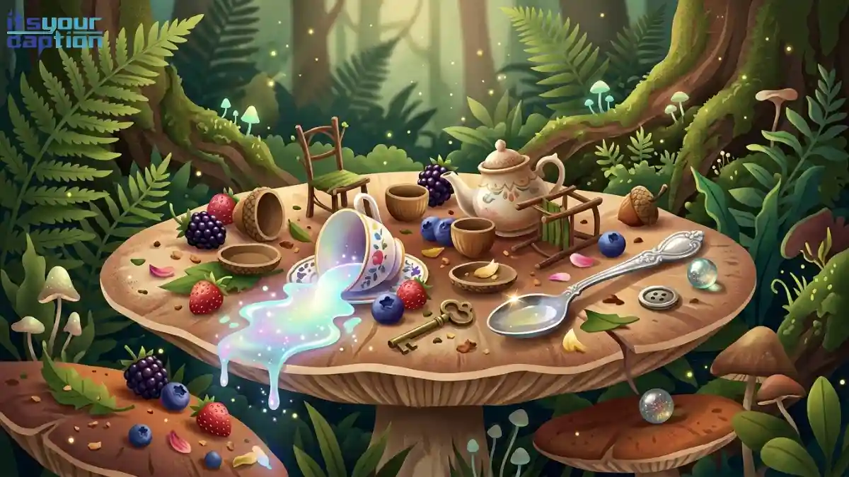 A chaotic tiny tea party setup on a large forest mushroom.