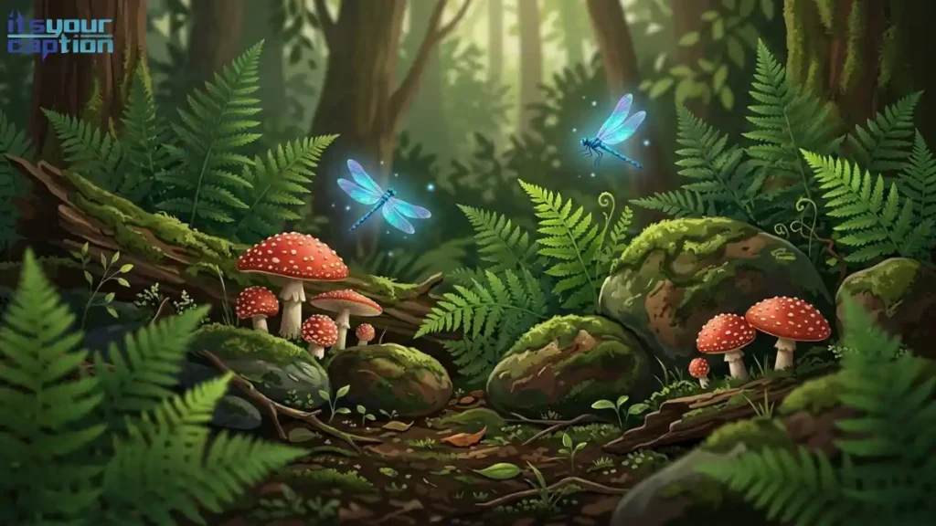 An untamed forest floor with damp moss, ferns, and dragonflies.