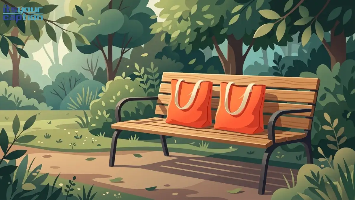 Two identical canvas tote bags left side-by-side on a park bench.