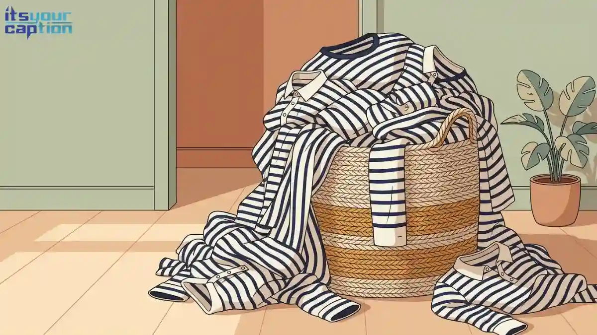 A woven laundry basket overflowing with identical striped shirts.