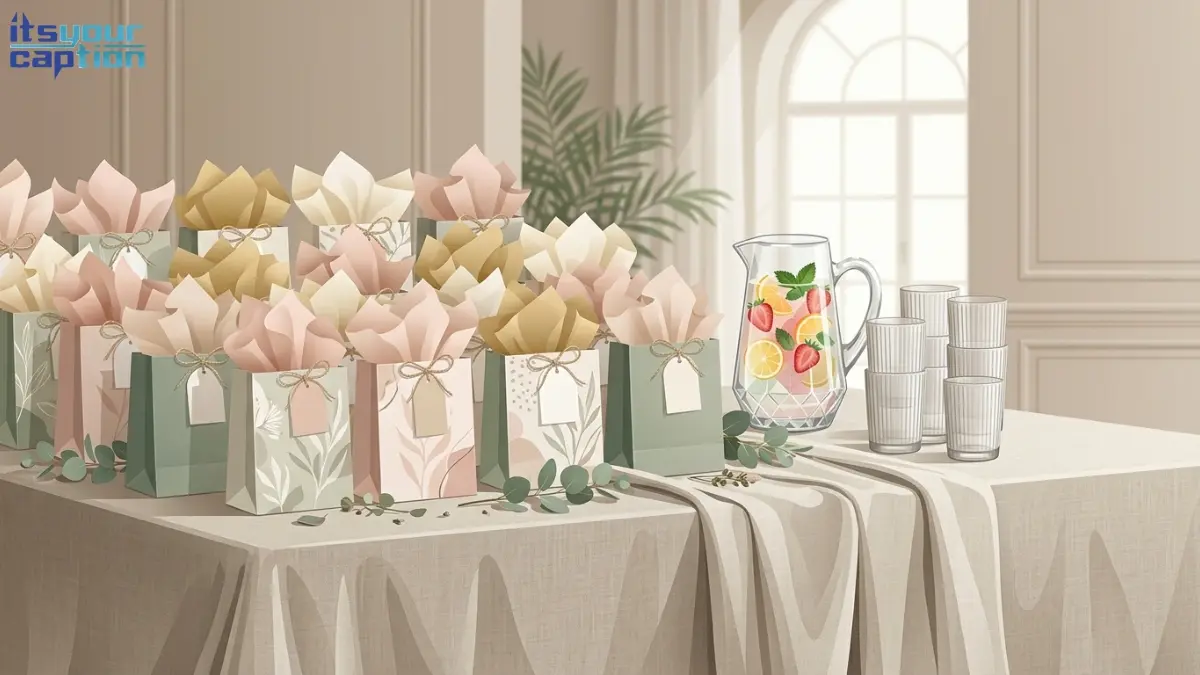 An array of beautifully decorated party favor bags waiting on a table for baby shower guests.