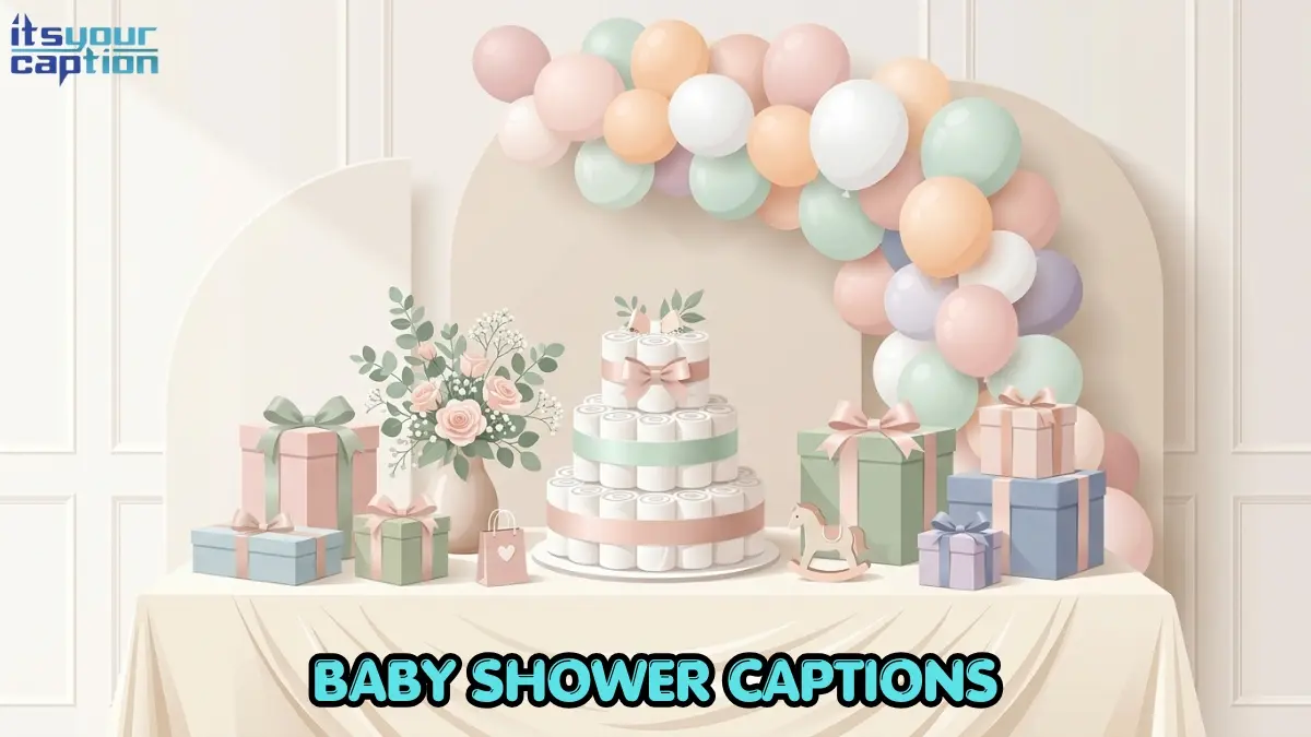 A beautiful baby shower setup featuring a layered diaper cake, pastel gift boxes, and a soft balloon arch.