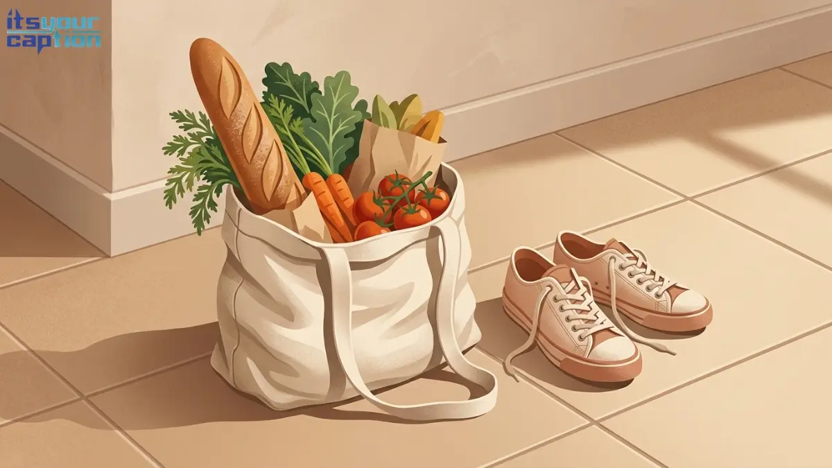 A reusable canvas grocery bag filled with fresh produce sitting on a tile floor next to casual sneakers.