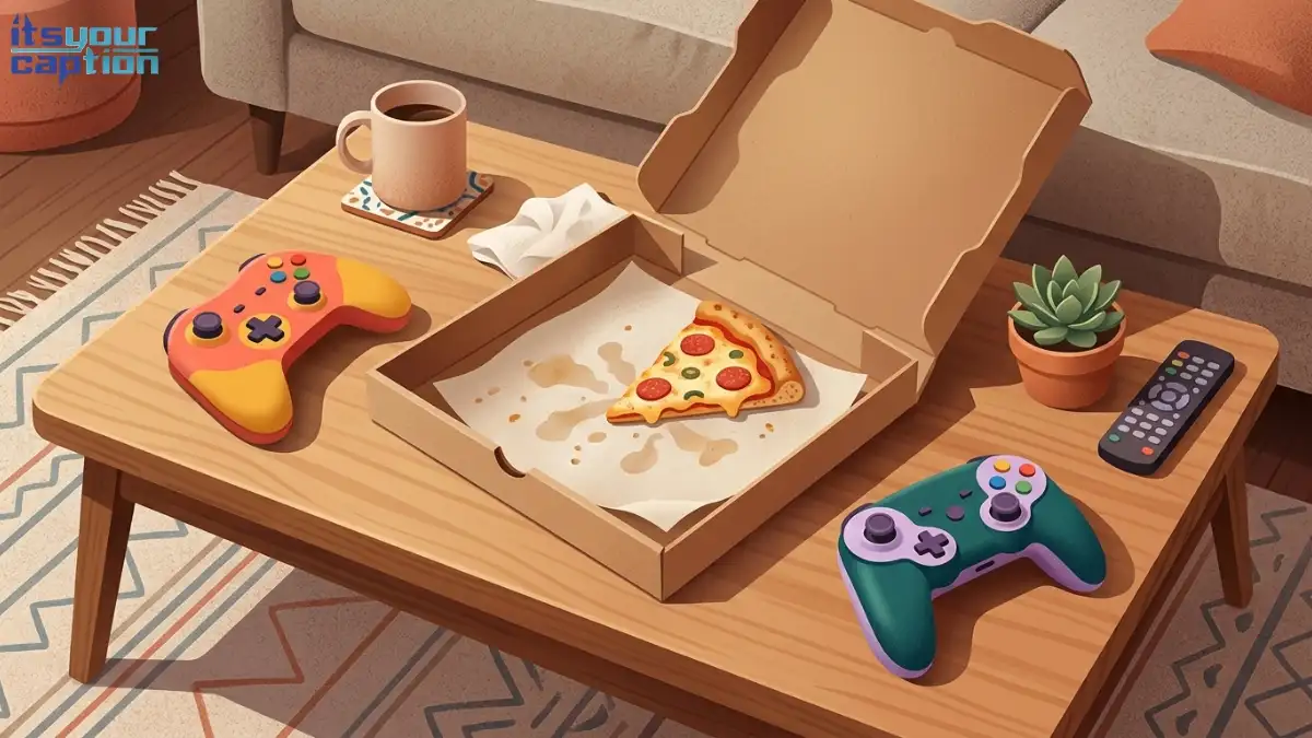 An open pizza box with a single slice remaining, flanked by two different colorful video game controllers.