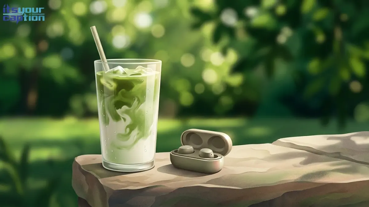 A tall iced matcha latte and wireless earbuds resting on a stone wall.