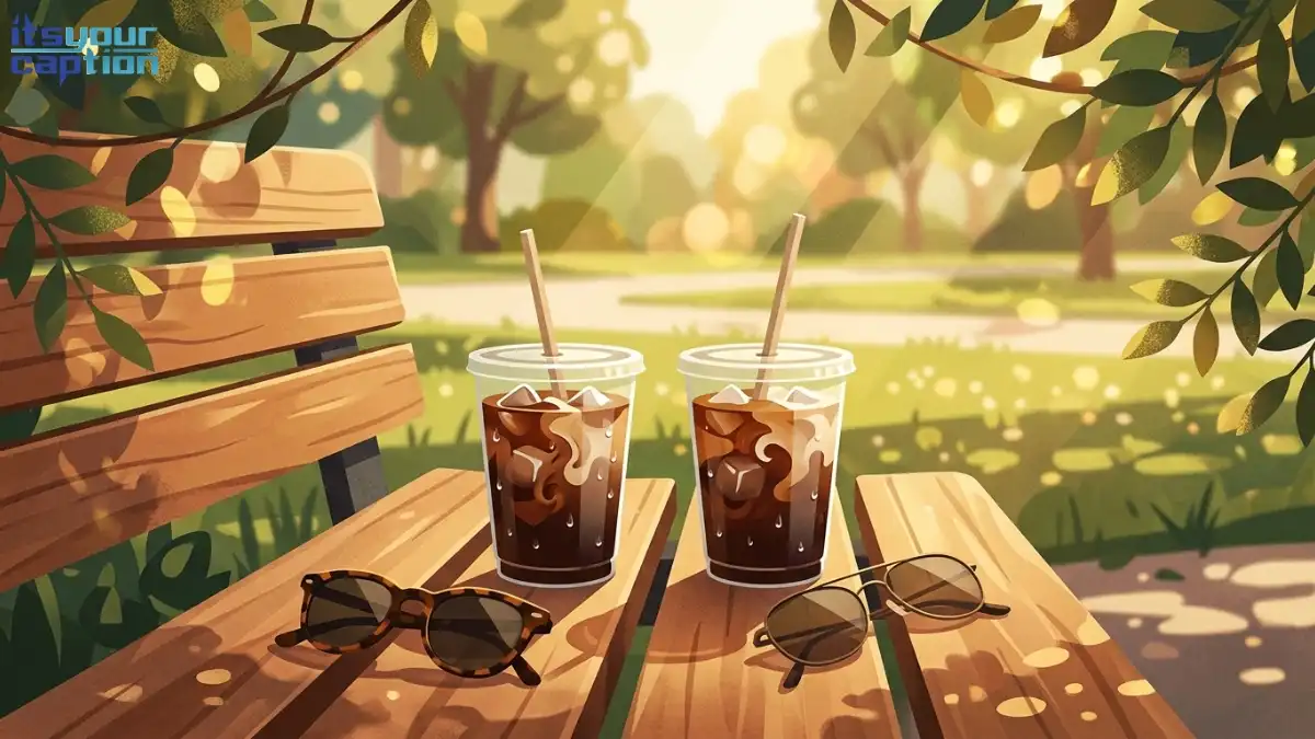 Two iced coffees sitting side by side on a wooden park bench.