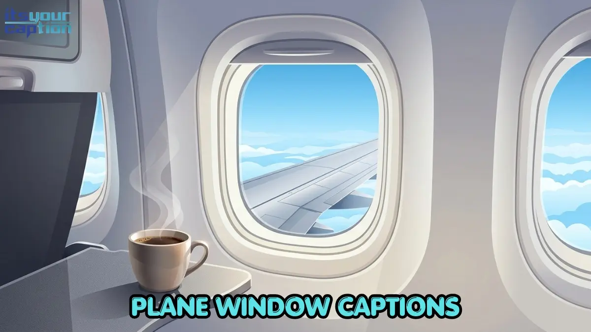 A modern vector illustration of an airplane window showing a bright blue sky and fluffy white clouds.