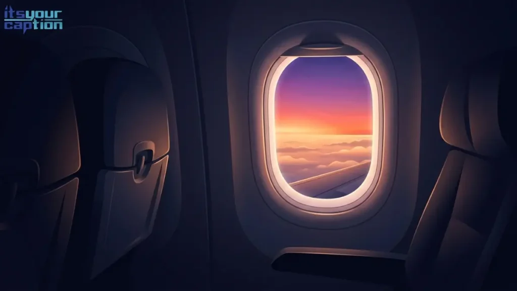 Airplane window view of a vibrant orange and pink sunset above the clouds.
