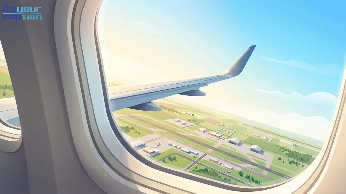 Airplane window view of a runway and small terminal buildings shrinking in the distance.