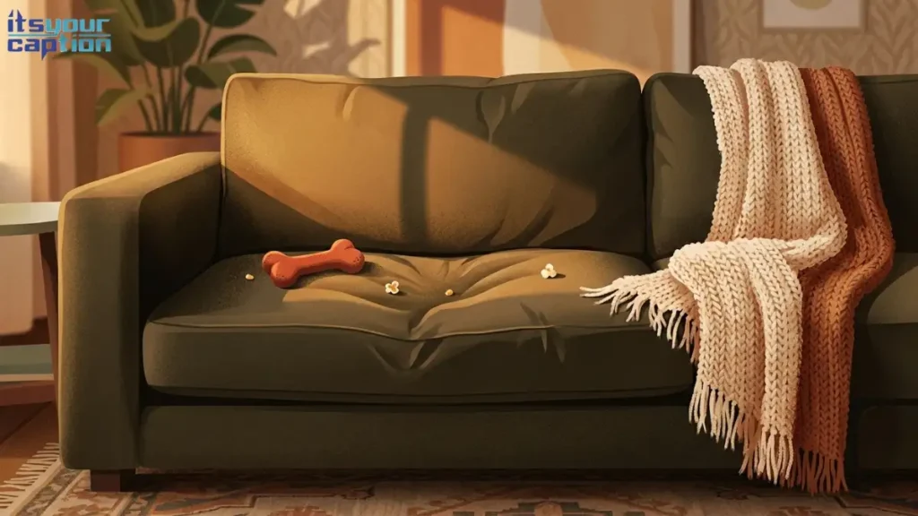 A comfortable couch with a textured throw blanket, a dog bone, and an indented cushion showing recent use.